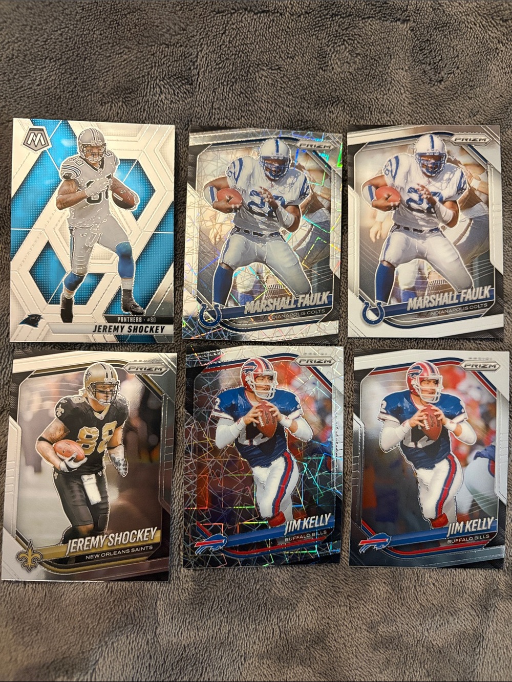 Panini Prizm Marshall Faulk, Jim Kelly and Jeremy Shockey football cards